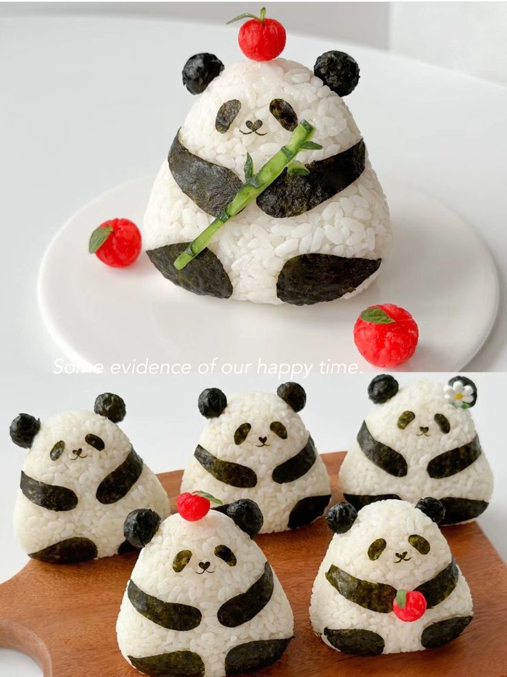 panda bears made out of rice and cherries