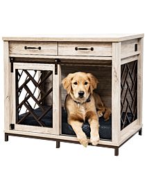 a dog laying on the floor in a wooden crate with its front doors open and his head resting on it's paws