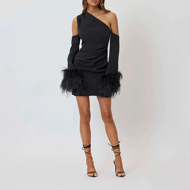 ALONDRA FEATHERS SLEEVE ONE SHOULDER MINI DRESS – CTRL N U I T Fall Party Cold Shoulder Mini Dress, Cold Shoulder Off Shoulder Dress For Fall Party, One-shoulder Feathered Cocktail Dress, One Shoulder Cocktail Dress With Feathers, Cold Shoulder Dress For Fall Parties, One-shoulder Cocktail Dress With Feathers, One Shoulder Feather Cocktail Dress, Chic One-shoulder Long Sleeve Dress For Party Season, Off-shoulder Mini Dress For Fall Parties