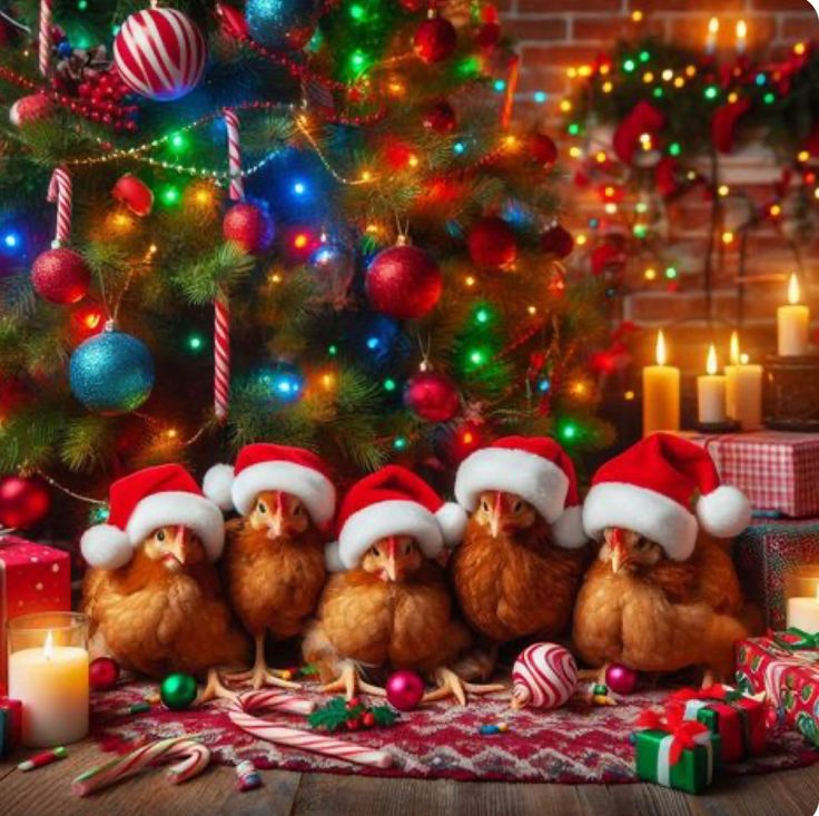 a group of chickens wearing santa hats sitting in front of a christmas tree with presents