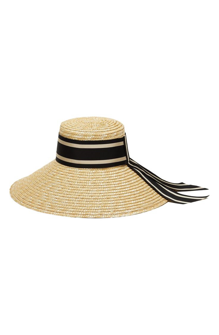 A striped ribbon puts a sophisticated spin on this charming sun hat shaped from cool, lightweight straw that offers UPF sun protection. UPF 50+ sun protection Straw/textile Spot clean Imported Chic Sun Hat With Upf 50+ For Sunbathing, Chic Hats For Sunbathing With Upf 50+, Chic Sunbathing Hat With Upf 50+, Striped Sun Hat For Spring Vacation, Chic Hat With Upf 50+ For Sunbathing, Adjustable Striped Straw Hat For Vacation, Summer Beach Hat With Stripes, Chic Flat Brim Sun Hat For Sunbathing, Chic Flat Brim Straw Hat For Sunbathing