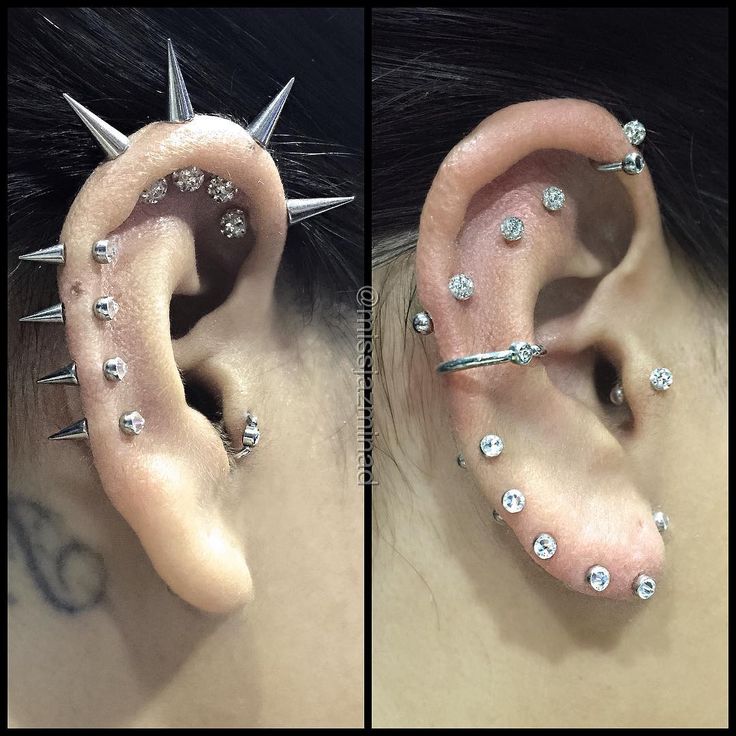 there are two pictures of the same person with piercings on their ears and behind them is an ear