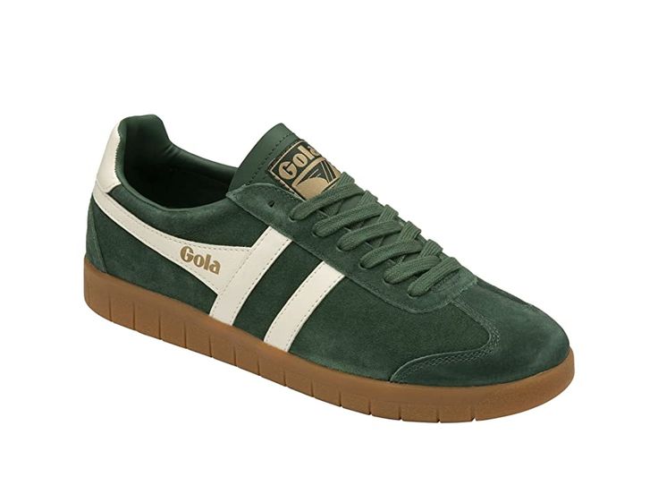 Gola Hurricane Suede - Men's Shoes : Evergreen/Off-White/Gum : Propel your shoe game in the cool Gola Hurricane Suede sneaker featuring a breathable textile lining and lightly cushioned insole. Easy lace-up design and padded tongue. Signature logo detail at tongue, heel and side. Round toe and synthetic sole. Imported. Measurements: Weight: 13 oz Product measurements were taken using size 9, width D - Medium. Please note that measurements may vary by size. Weight of footwear is based on a single Green Sneakers With Rubber Sole For Jogging, Green Sneakers With Laces For Jogging, Green Lace-up Running Shoes With Rubber Sole, Athleisure Lace-up Skate Shoes With Gum Sole, Sporty Lace-up Skate Shoes With Rubber Sole, Green Lace-up Sneakers For Jogging, Textile Lace-up Sneakers With Rubber Sole, High-top Running Shoes With Gum Sole For Sports, Green Lace-up High-top Sneakers For Jogging