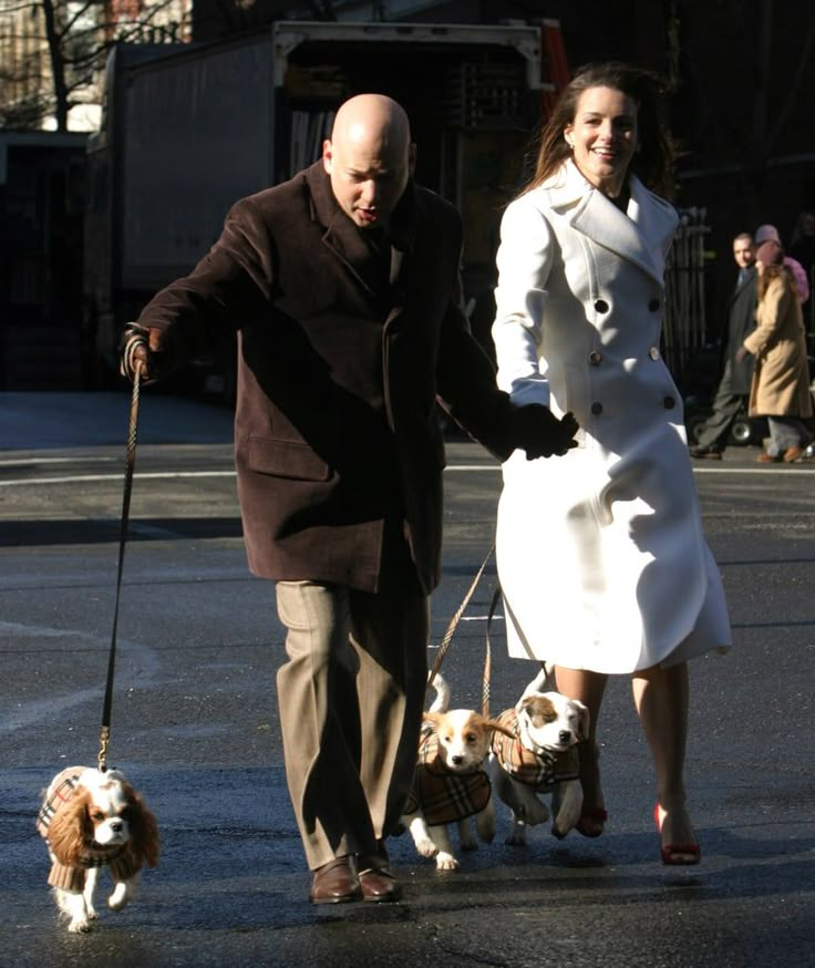 a man and woman walking two dogs down the street