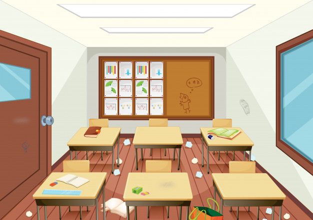 an empty classroom with desks and books in front of the window illustration royalty illustration