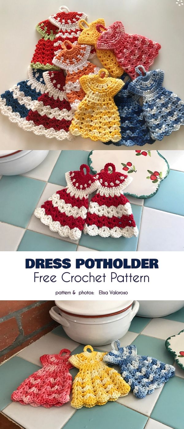 crocheted dress potholders are sitting on the counter