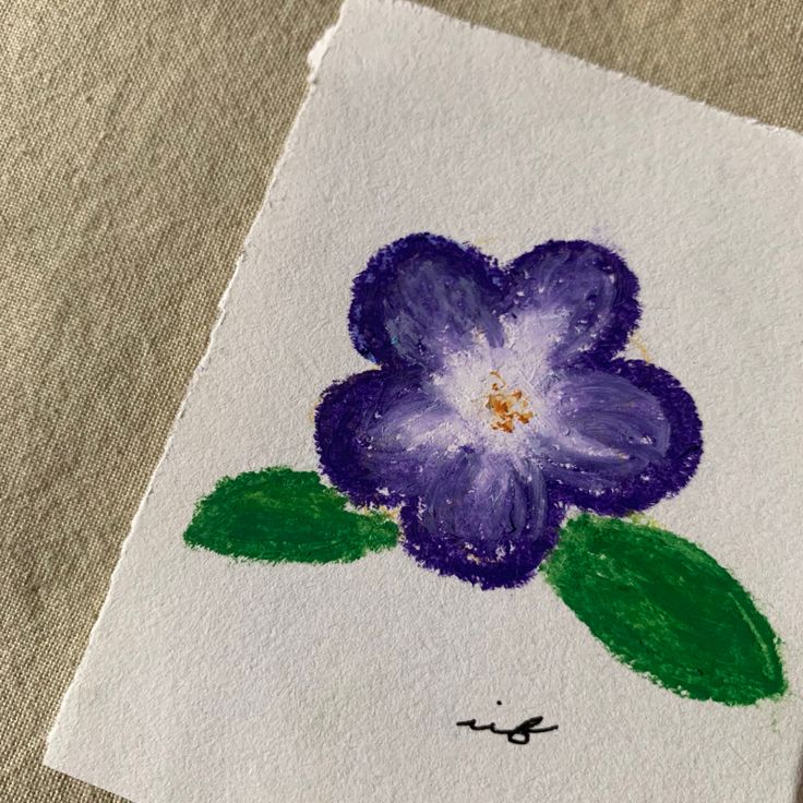 a drawing of a purple flower with green leaves