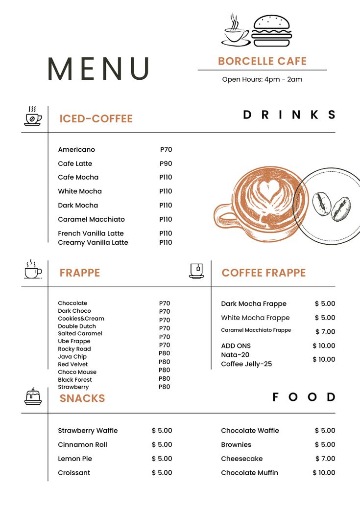 the menu for a coffee shop