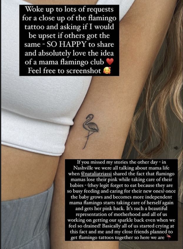 the back of a woman's left arm with a tattoo on it and an image of a flamingo