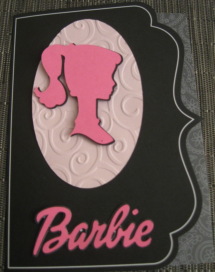 a black and pink card with a silhouette of a woman's head on it