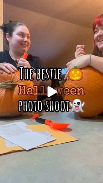 two women sitting next to each other in front of pumpkins with the words, the best halloween photo shoot