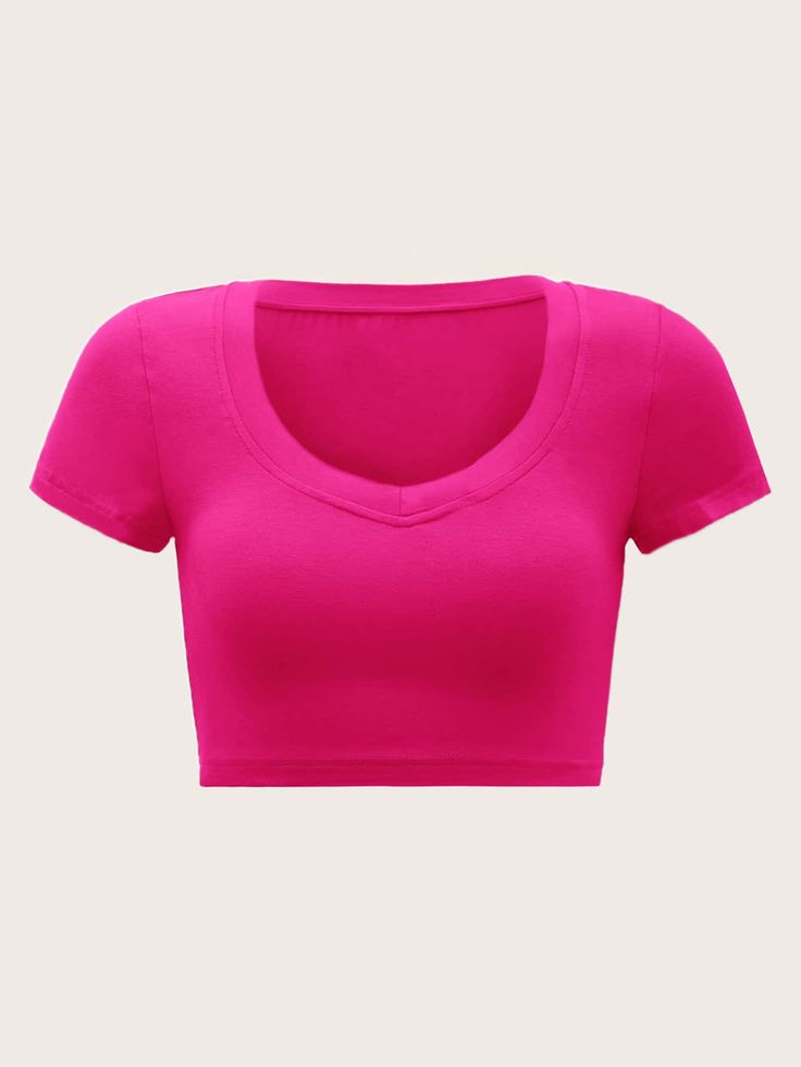 Hot Pink Casual Collar Cap Sleeve Fabric Plain  Embellished Slight Stretch Summer Women Clothing Pink Shirt Outfit, Y2k Shirts, Preppy Tops, Hot Pink Shirt, Preppy Shirt, Hot Pink Tops, Cute Preppy Outfits, Pink Crop Top, Cute Crop Tops