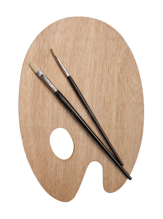 two paintbrushes sitting on top of a wooden palette with the shape of a face