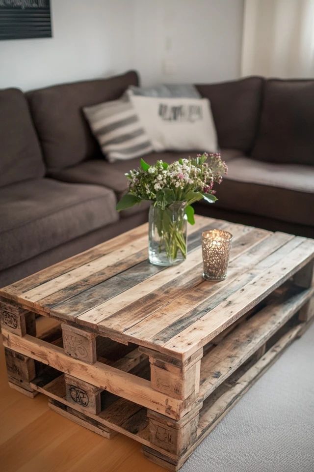 a coffee table made out of pallet wood with flowers in a vase on top