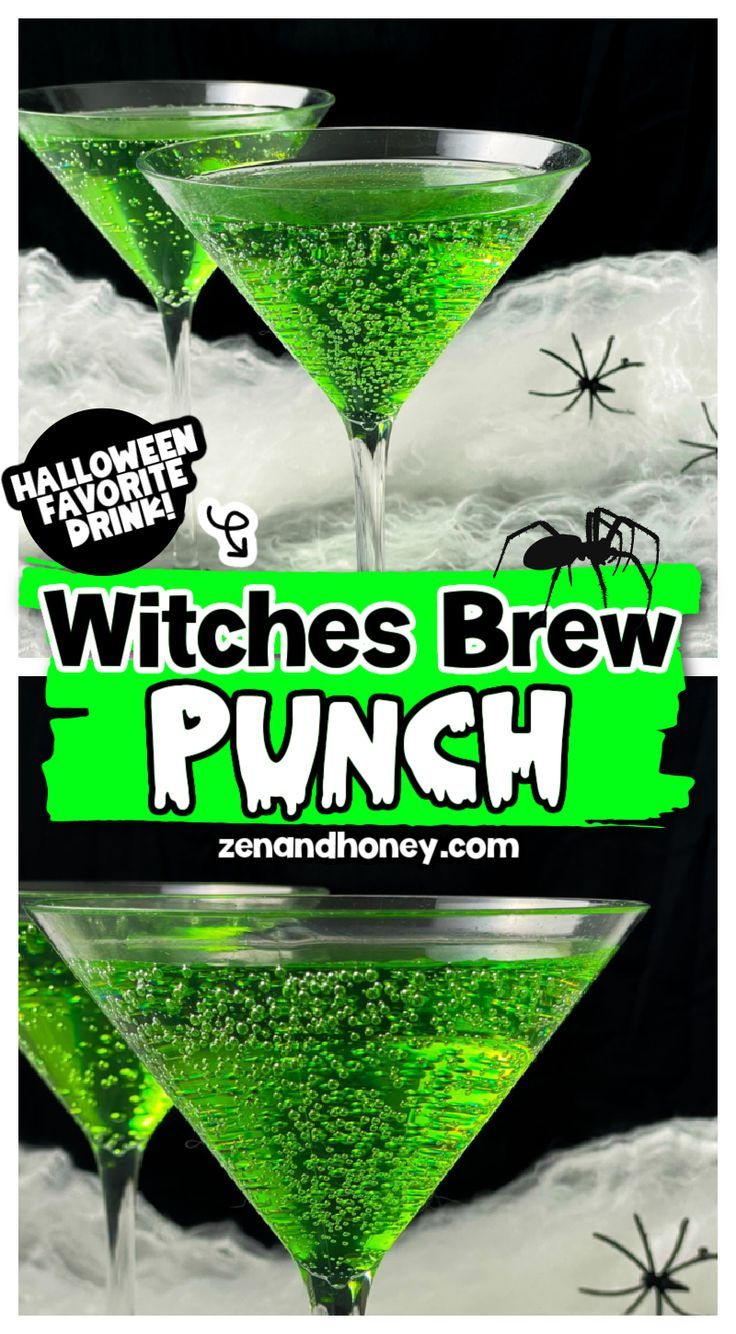 two glasses filled with green liquid and spooky spider legs on the side, in front of a black background that says witches brew punch