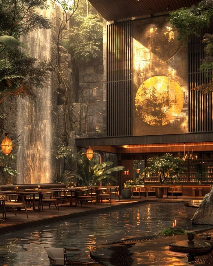 the interior of a restaurant with tables and chairs next to a pool in front of a waterfall