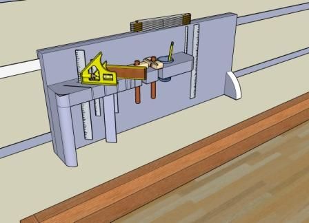 a drawing of a workbench with tools on the shelf and shelves below it