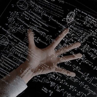 a person's hand on top of a piece of paper with many calculations written on it