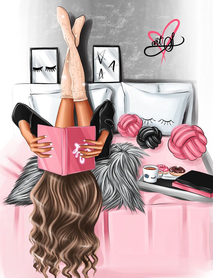 a woman laying on top of a bed next to a pink pillow and book with her legs up