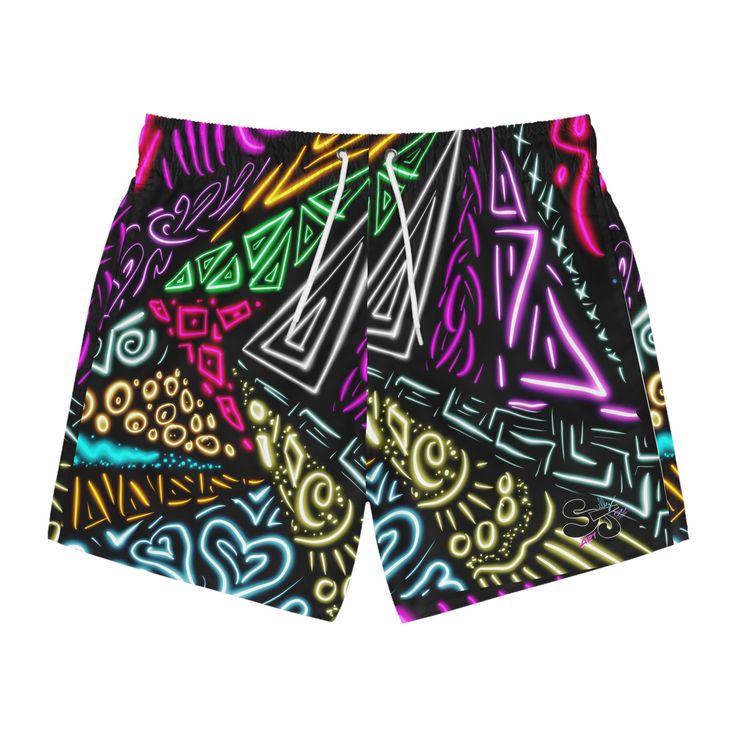 Nothing can swoosh down the summer heat like a dive into the sea - or into the nea l rest pool. These personalized swim trunks are here to take on your exclusive designs and most playful patterns. With an all-over-print capability accompanied by vivid colors, these swim trunks help you conquer the summer in custom style.  .: Material: 100% polyester .: Extra light fabric (3.54 oz/yd² (120 g/m .: Fast-dry fabric .: Mesh basket lining  .: Mesh-lined side pockets .: Printed care label inside .: Drawstring waist Playful Graphic Print Swimwear, Playful Swim Trunks For Summer Sports, Fun Summer Swim Trunks For Poolside, Playful Bottoms For Summer Surfing, Multicolor Graphic Print Swimwear For Summer, Fun Summer Surfing Swimwear, Playful Summer Surfing Bottoms, Multicolor Fun Swim Trunks For Summer, Fun Multicolor Swim Trunks For Summer