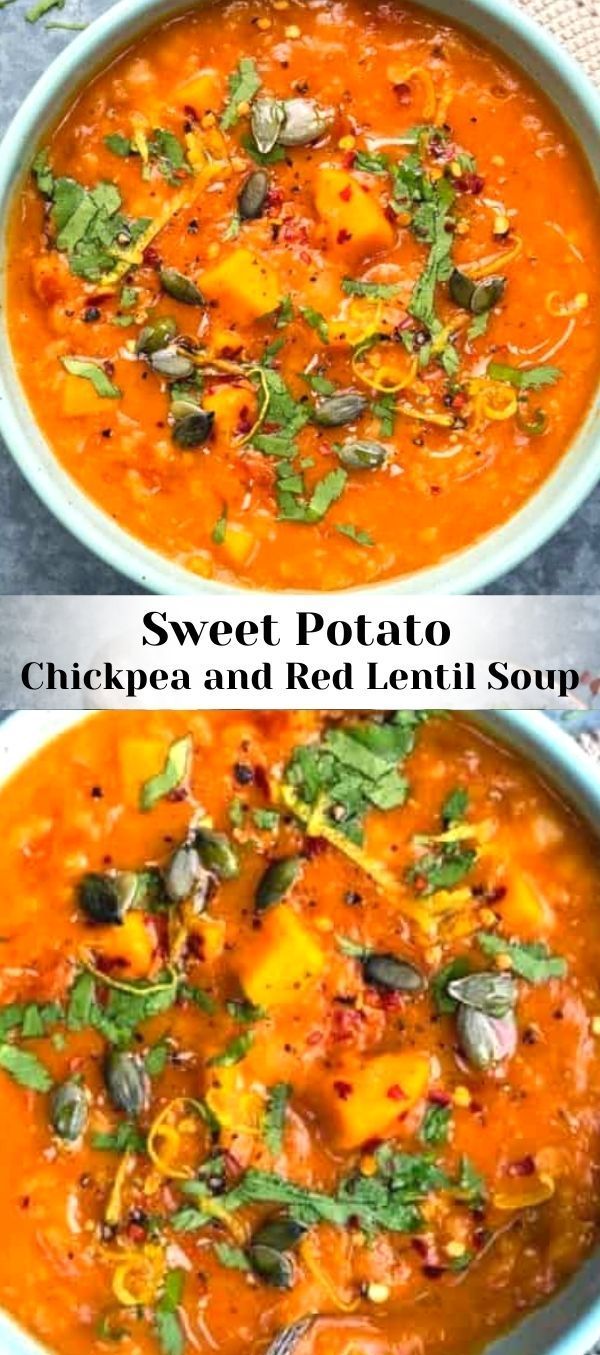 two bowls of sweet potato chickpea and red lentil soup