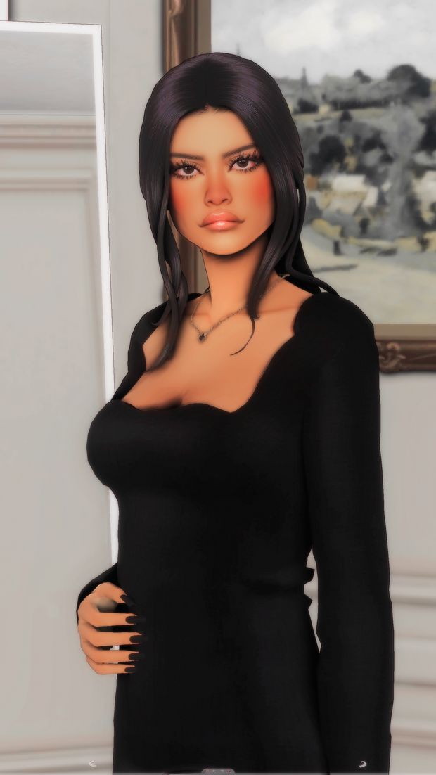 an animated woman in a black dress posing for the camera