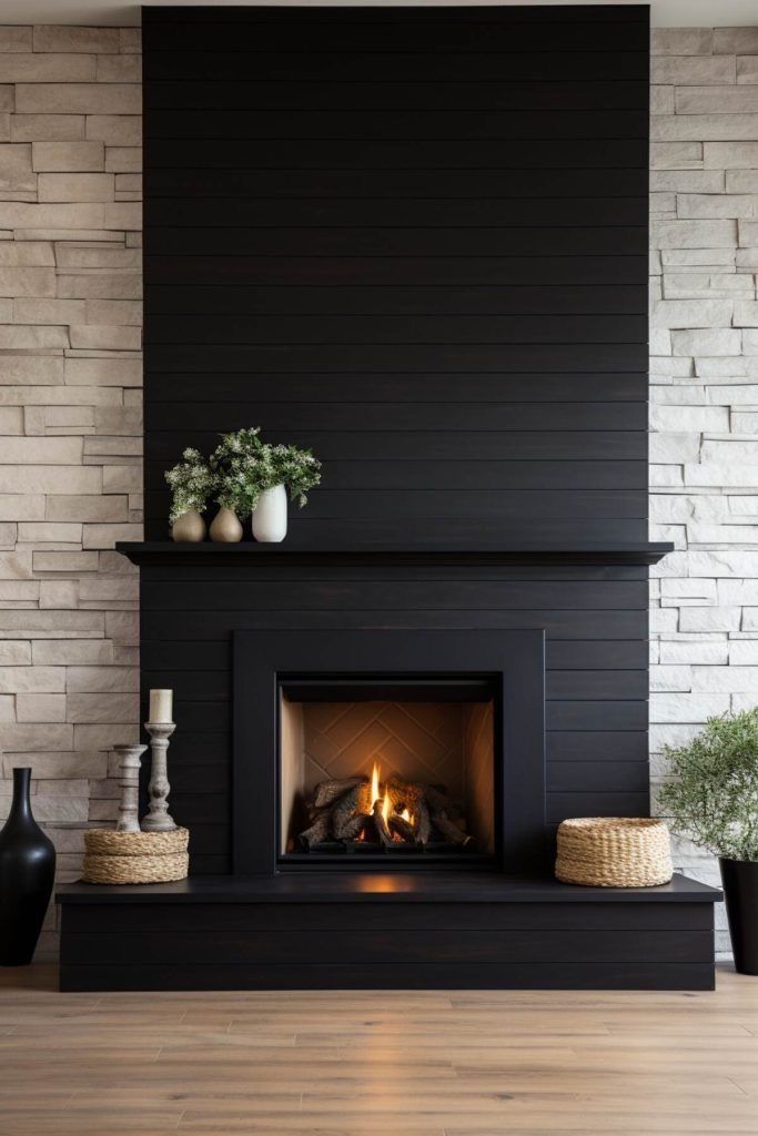 a fireplace with a black mantle and white brick wall behind it, surrounded by potted plants