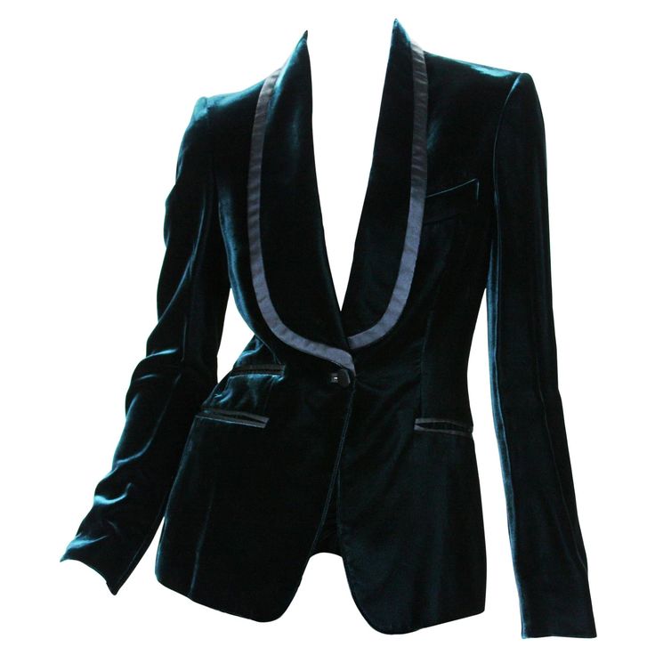 Tom Ford for Gucci Velvet Emerald Green Tuxedo Jacket F/W 2004 Final Tom Ford Runway Collection for Gucci Designer sizes available 38 and 40 Emerald Green Color, Shawl Collar, Black Satin Trim, Single Button Closure, Fully Lined, 4 Pockets. Measurements approx.: Size 38: Length - 26 inches, Bust - up to 32", Waist - 26", Sleeve 24". Size 40: Length - 26 inches, Bust - up to 34", Waist - 28", Sleeve - 26". Made in Italy. Excellent condition. Listing code: 3202154580556958 Emerald Green Tuxedo, Tom Ford Runway, Tom Ford Jacket, Tom Ford For Gucci, Silk Pant Suit, 2004 Runway, Vintage Tuxedo, Green Tuxedo, Gucci Coat