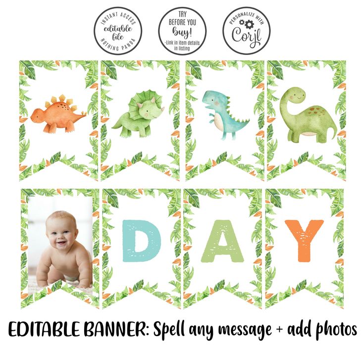 a baby's first birthday banner with dinosaurs and leaves on it, including the word