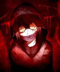 an anime character with red eyes and a hoodie over his face is smiling at the camera