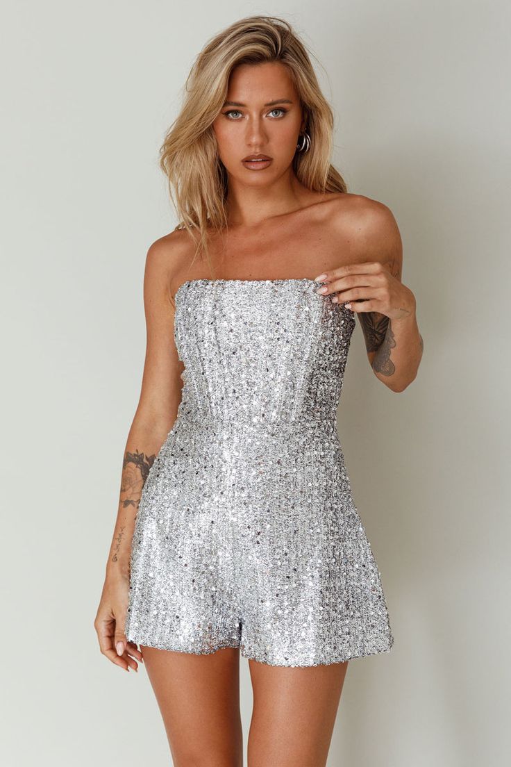 Shop the Vivid Dreams Strapless Sequin Romper Silver | Selfie Leslie Sequins Romper, Selfie Leslie, Vivid Dreams, Sequin Rompers, Lace Bodycon Dress, Silver Heels, Basic Dress, Silver Sequin, Dress Romper