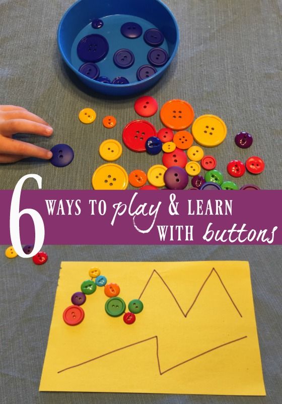 a child's hand next to buttons and paper with the title 6 ways to play & learn with buttons