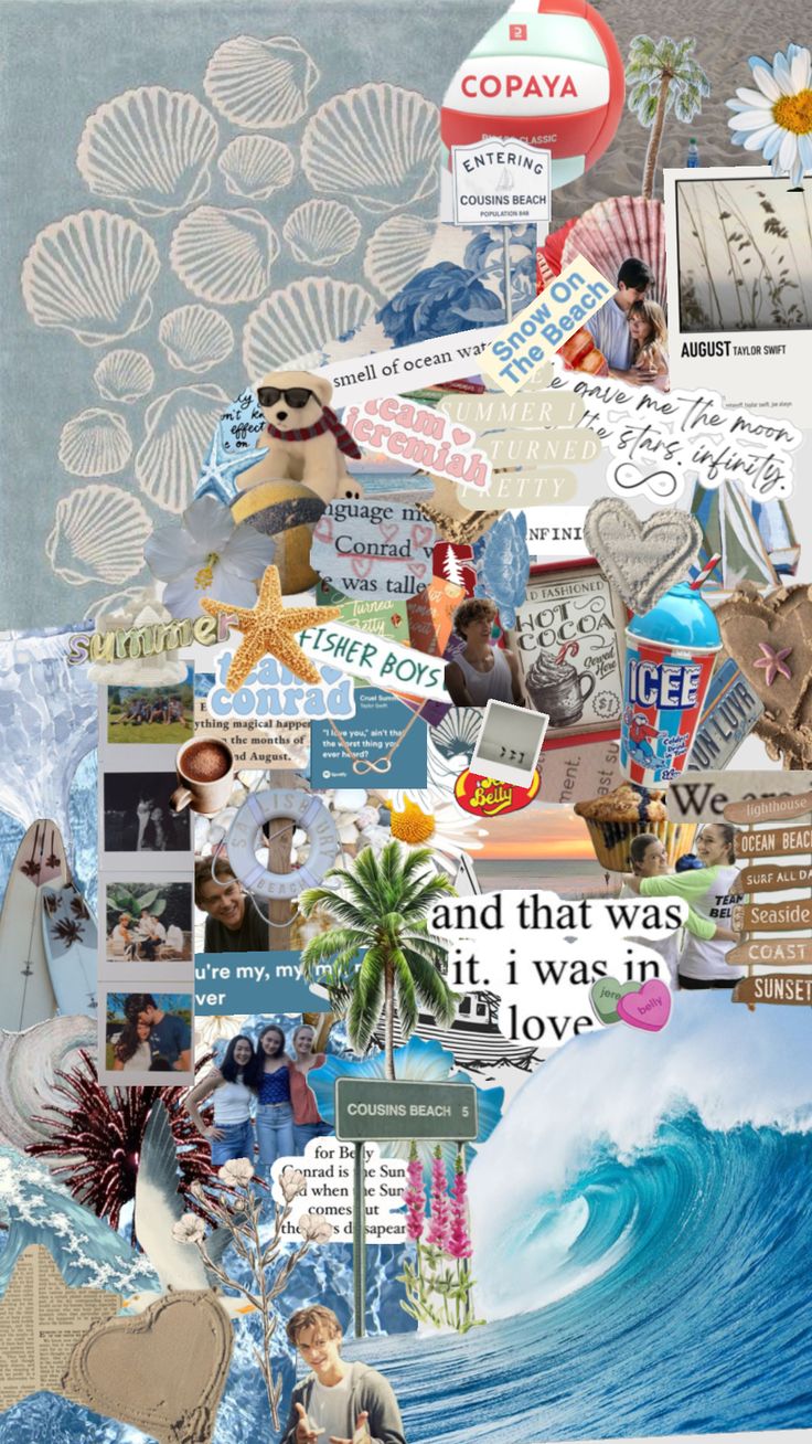 the collage is made up of many different pictures and words, including an ocean theme