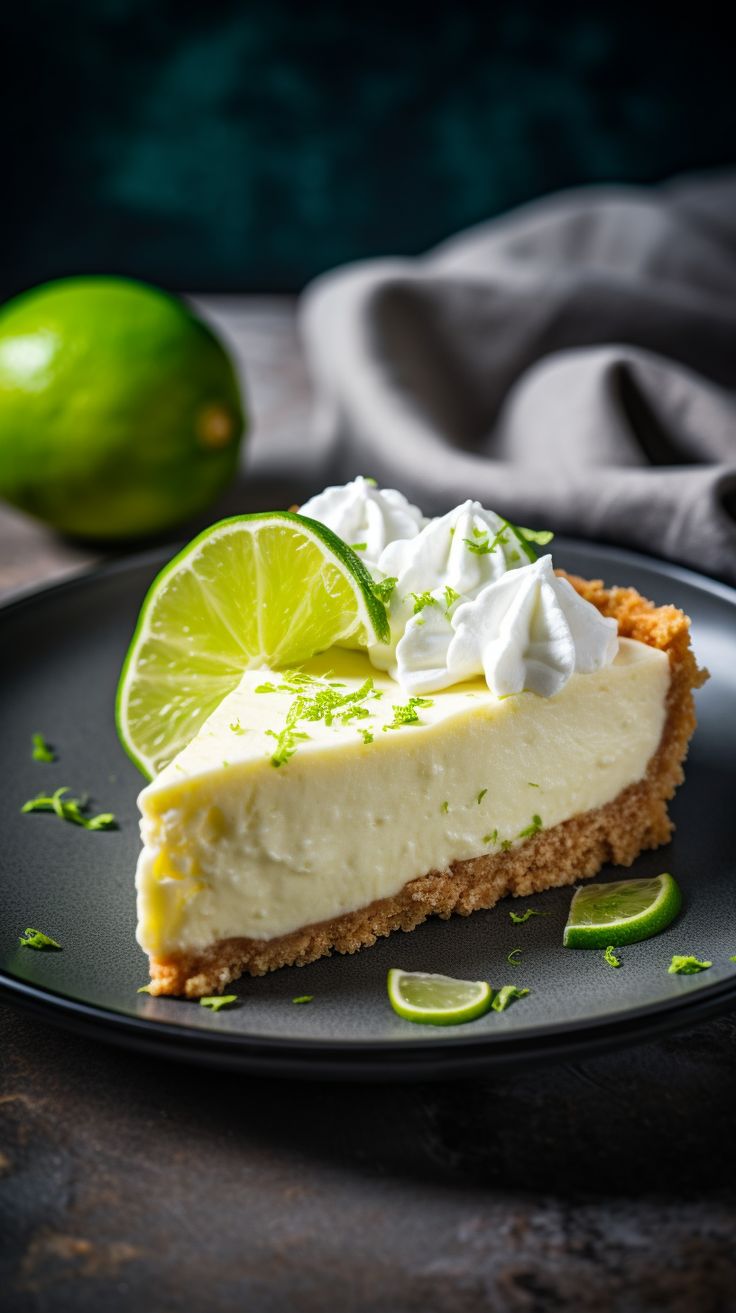 a slice of key lime pie on a black plate with two limes in the background