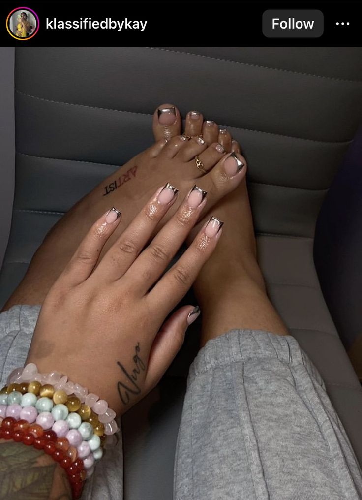 Matching Feet And Nails, Acrylic Nail And Toes Matching Ideas, Matching Toe And Nail Set, Matching French Tip Nails And Toes, Hand And Toe Nails Matching, Short Acrylic Nails And Toes Matching, Hands And Toes Nails Matching, Short Nails Charms, Doe Nails