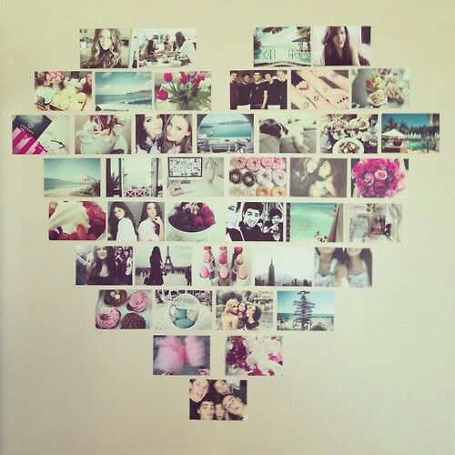 a heart shaped photo collage made up of many different pictures on a white wall