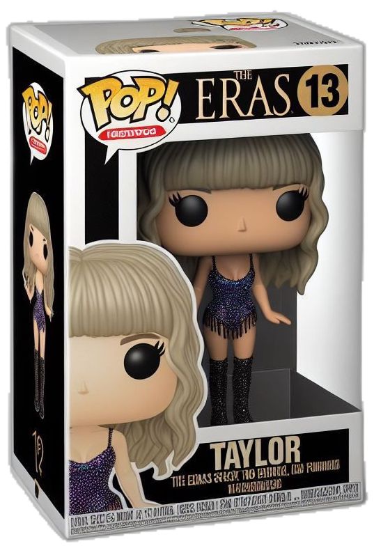 a pop vinyl figure in a box with an image of taylor on the front and back