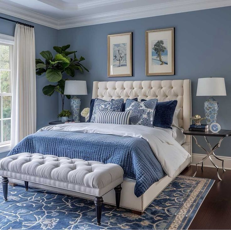 a bedroom with blue walls, white bedding and an upholstered headboard