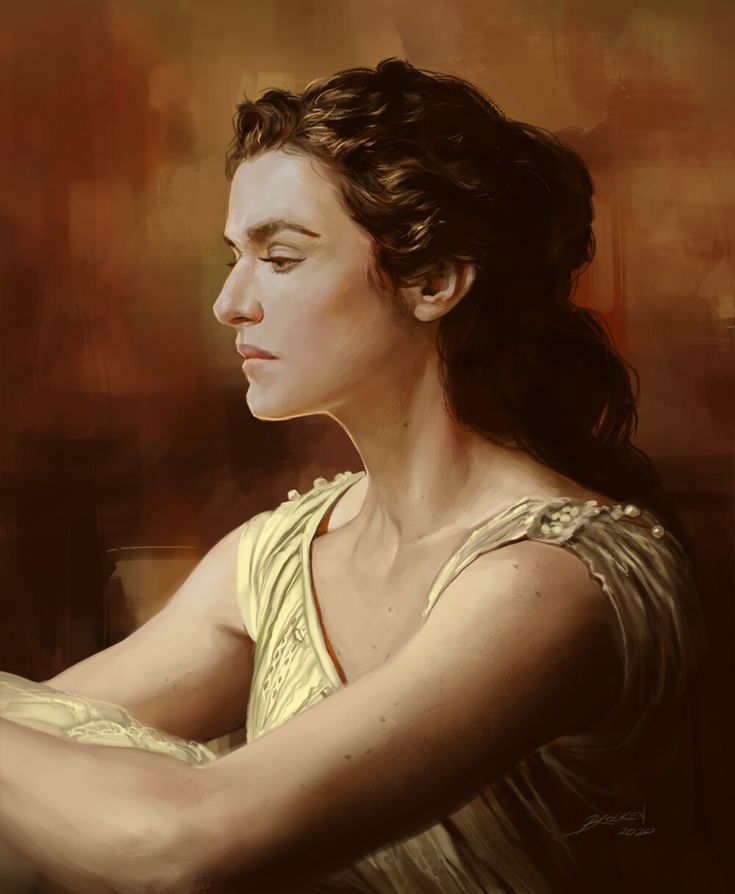 a painting of a woman sitting down with her hands on her lap and looking to the side