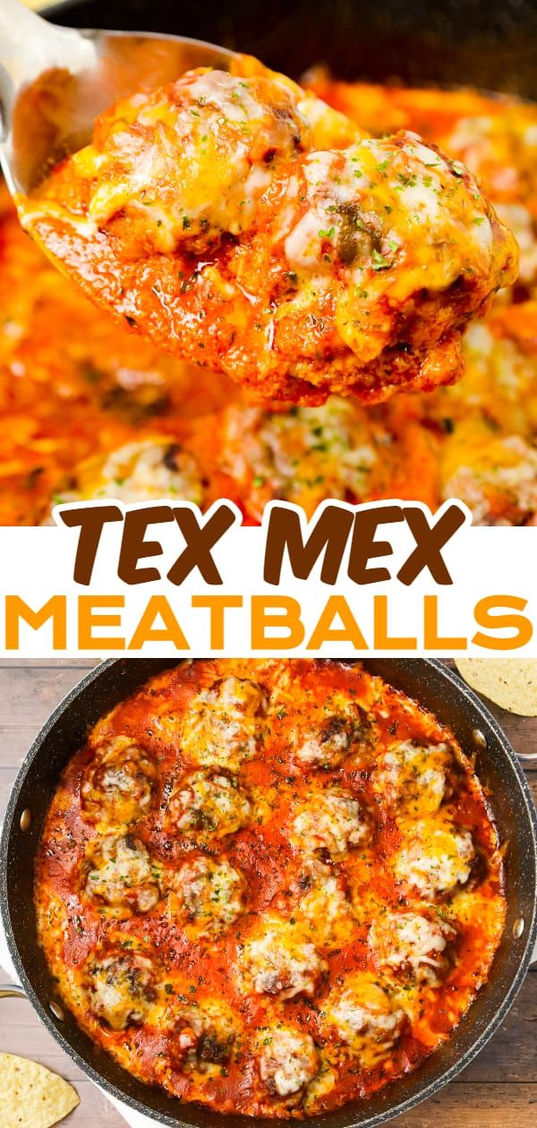 a close up of a pizza in a pan with the text tex mex meatballs