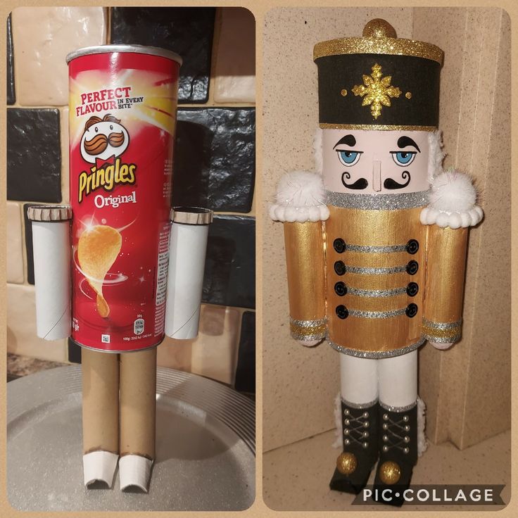 a nutcracker figure next to a can of pringle's orange juice