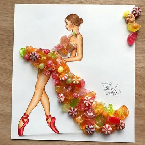 a drawing of a woman in a dress made out of gummy bears and candy