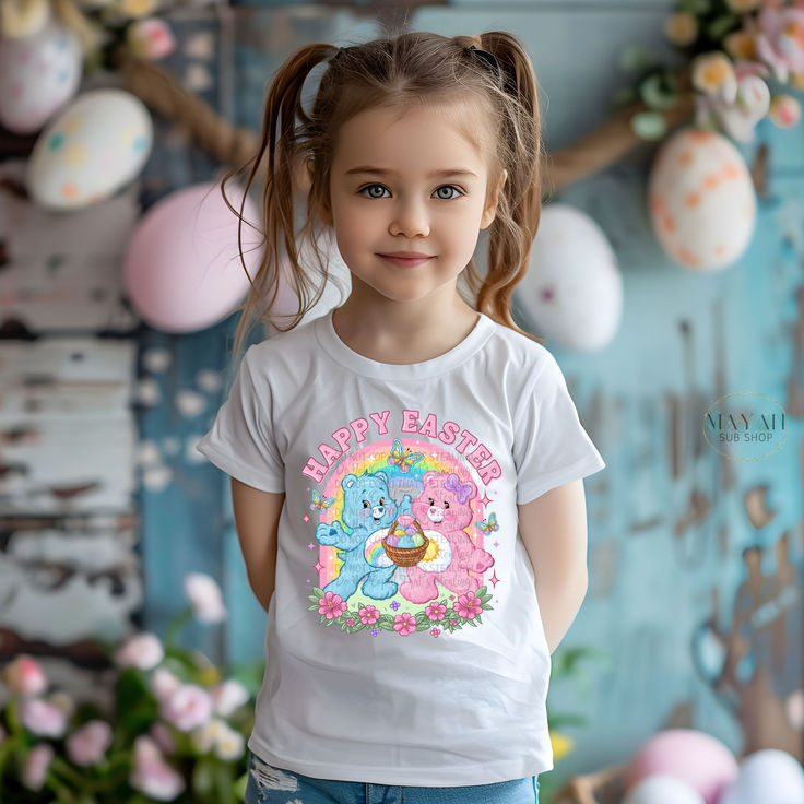 Happy Easter bears kids shirt White Shirt With Cartoon Print As Gift, Playful White Shirt With Custom Print, Playful White T-shirt For Easter, White Playful T-shirt For Easter, Playful White Easter T-shirt, White Printed Shirt As A Gift, White Printed Shirt As Gift, White Short Sleeve T-shirt For Easter, Vacation Tank Top