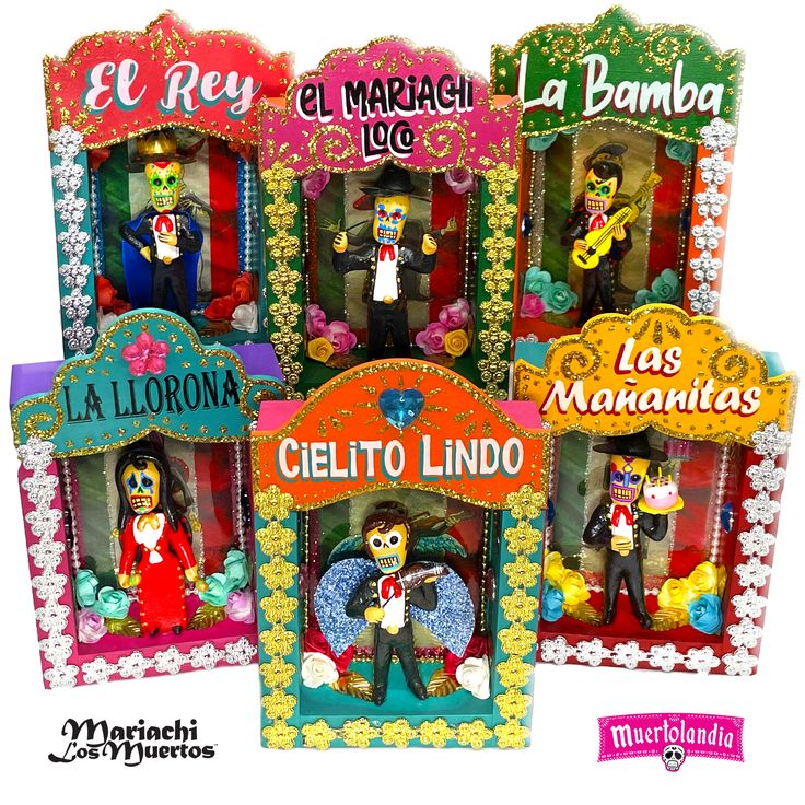 the mexican dolls are in their colorful boxes