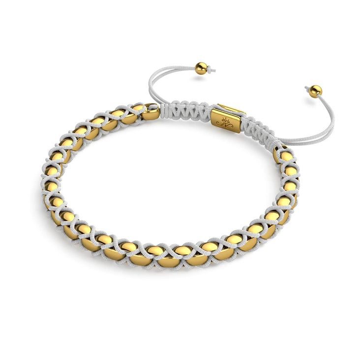 The Catena Links Bracelet is handcrafted with gold-finished links and is hand-strung on an adjustable nylon cord. Each bracelet includes a matching gold-finished NOGU logo plate. With its adjustable nylon cord, this bracelet is one size fits all. Finish: Gold. Cord Color: White. Cord Style: Adjustable Nylon. Base: Stainless Steel. Adjustable Modern Braided Bracelets, Adjustable Yellow Gold Braided Bracelet For Everyday, Casual Gold Resizable Beaded Bracelets, Adjustable Gold Woven Bracelet, Adjustable Woven Gold Bracelets, Adjustable Woven Gold Friendship Bracelets, Gold Casual Braided Bracelets With Adjustable Length, Casual Gold Braided Bracelet With Adjustable Length, Adjustable Gold Jubilee Friendship Bracelet