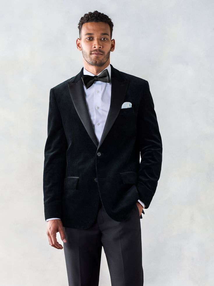 Paired with our black tuxedo pant, this ultra-luxe, plush corduroy dinner jacket is perfect for when that chill party turns chilly. Includes jacket and black tuxedo pants. 100% Cotton 8 Wale Corduroy Two-button closure Peak lapels Fully canvassed Side vents Not for wedding parties Black Corduroy Jacket, Dinner Jacket, Tuxedo Pants, Black Tux, Black Tuxedo, Tuxedo For Men, Wedding Parties, Black Textures, Corduroy Jacket