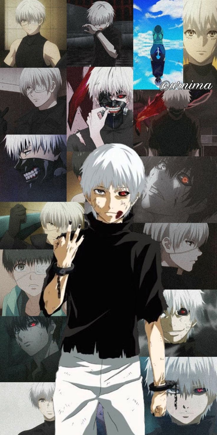 an anime character with white hair standing in front of many different color and size images