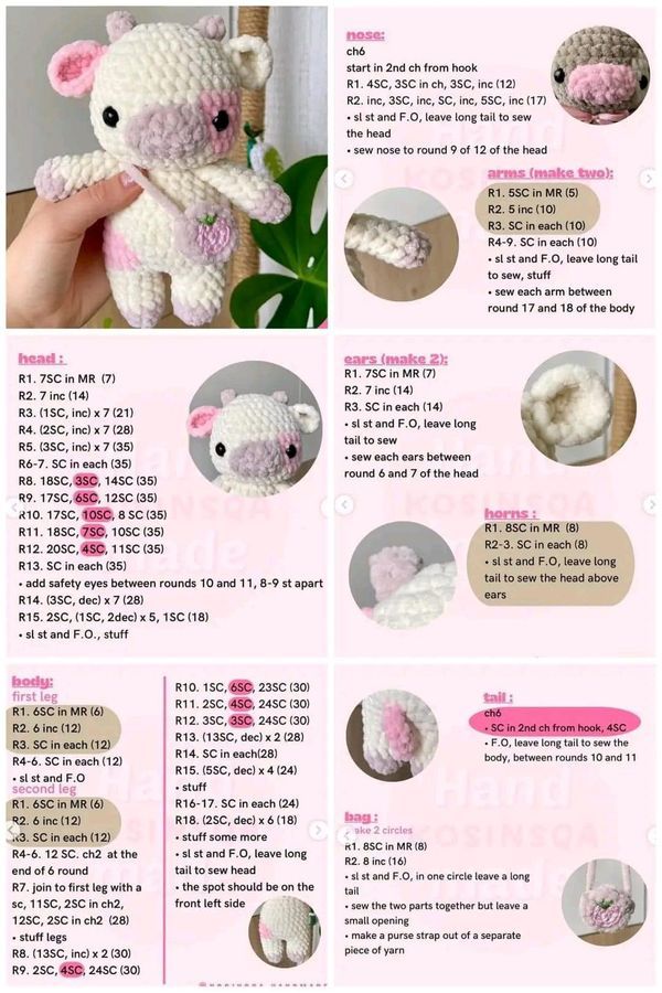 instructions to crochet a small stuffed animal with pink and white stripes on it