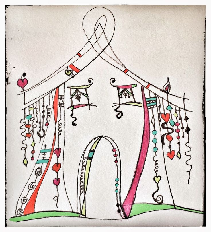 a drawing of a house with musical notes on it's side and hearts hanging from the roof