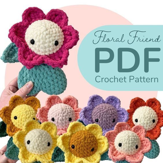 crochet flowers are shown with the text first friend pdf on it's side